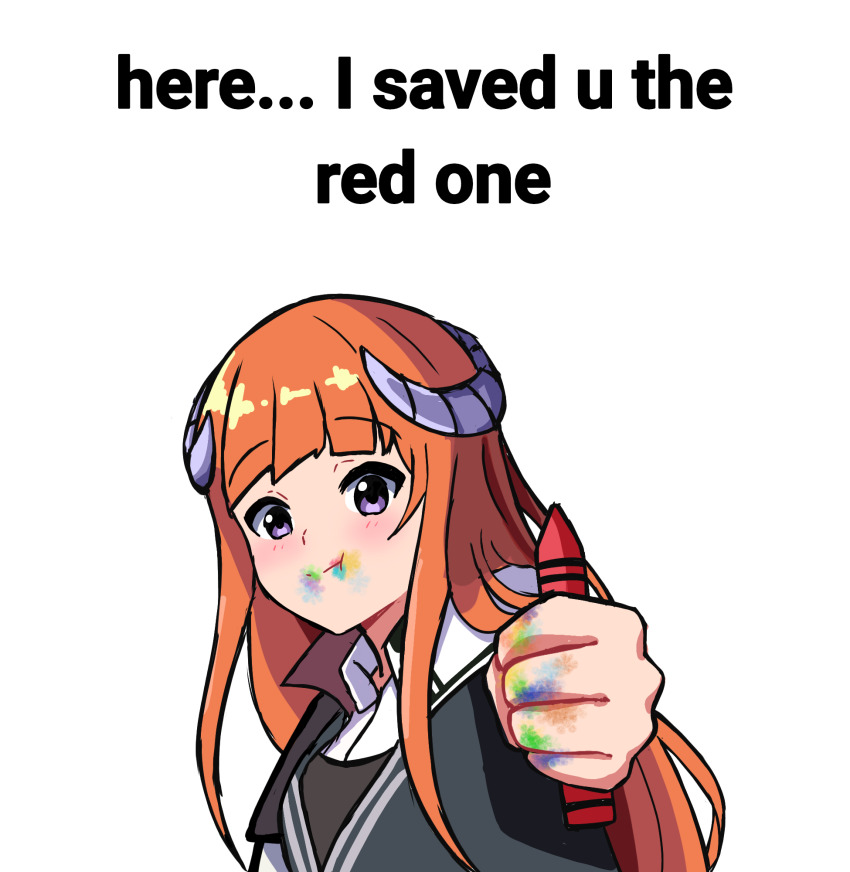 1girl arknights bagpipe_(arknights) clenched_hand commentary crayon dragon_horns eating_crayons english_commentary english_text here_i_saved_u_the_red_one_(meme) highres holding holding_crayon horns long_hair looking_at_viewer meme orange_hair outstretched_arm paint_on_fingers paint_splatter paint_splatter_on_face purple_eyes shura_(shura_cs) simple_background solo upper_body very_long_hair white_background