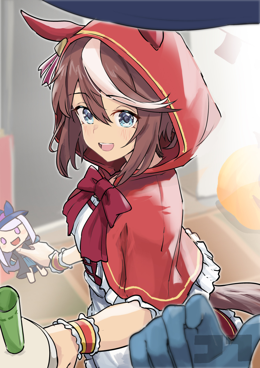 1girl 1other absurdres alternate_costume animal_ears blue_eyes bow brown_hair character_doll cosplay dress gloves hair_between_eyes highres holding hood horse_ears horse_girl horse_tail jtleeklm little_red_riding_hood_(grimm) little_red_riding_hood_(grimm)_(cosplay) looking_at_viewer mejiro_mcqueen_(umamusume) multicolored_hair open_mouth red_bow short_hair short_sleeves smile solo_focus streaked_hair tail tokai_teio_(umamusume) umamusume white_hair