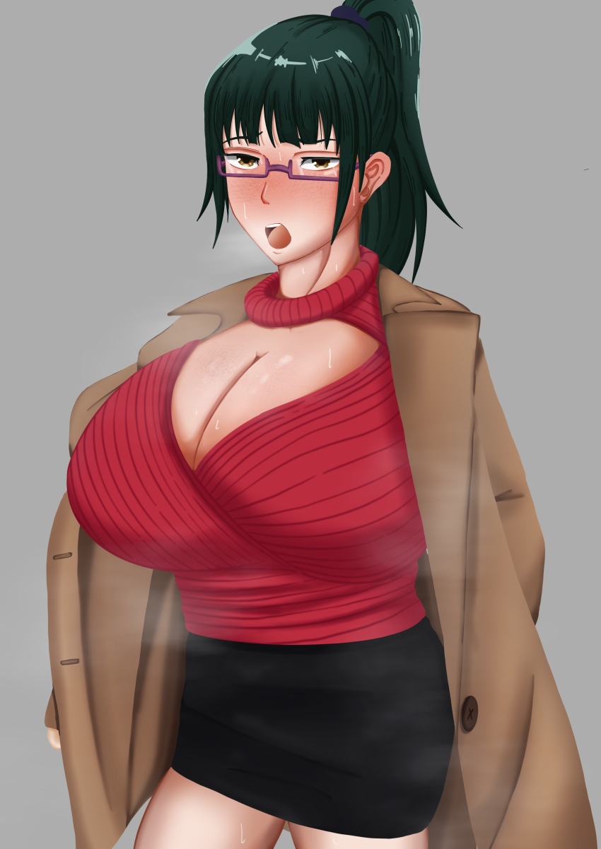 absurdres breasts cleavage coat glasses highres hot huge_breasts jujutsu_kaisen miniskirt ponytail red_sweater skirt stink sweat sweatdrop sweater tongue tongue_out trench_coat zen&#039;in_maki zenin_maki