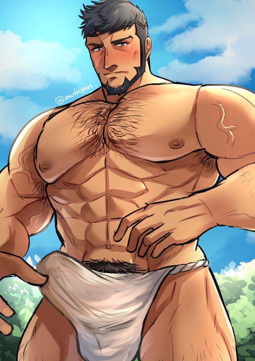 1boy abs absurdres armpit_hair artist_name bara beard blue_eyes blush bulge chest_hair cloud cloudy_sky erection erection_under_clothes facial_hair fire_emblem fire_emblem_engage forest fundoshi hairy highres japanese_clothes kageru_(mofnyan) large_pectorals looking_at_viewer male_focus manly mature_male mauvier_(fire_emblem) muscular muscular_arms muscular_legs muscular_male nature nintendo nipples outdoors pectorals pubic_hair short_hair signature sky solo thick_eyebrows thighs upper_body