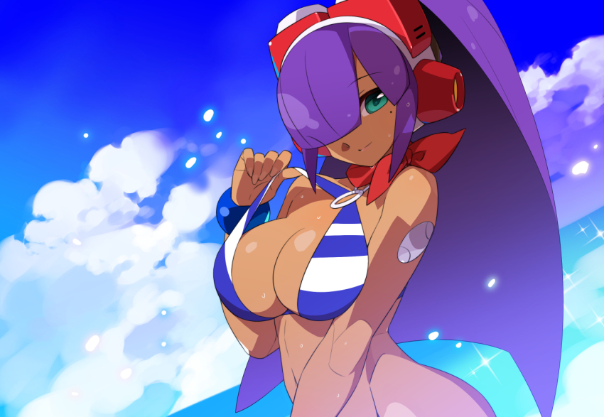 1girl bikini blue_bikini blue_eyes breasts cloud commentary_request dark-skinned_female dark_skin hair_over_one_eye headgear high_ponytail kaidou_zx large_breasts layer_(mega_man) long_hair looking_at_viewer mega_man_(series) mega_man_x_(series) mega_man_x_dive mole mole_on_neck ocean official_alternate_costume purple_hair revision robot_girl smile solo sparkle swimsuit