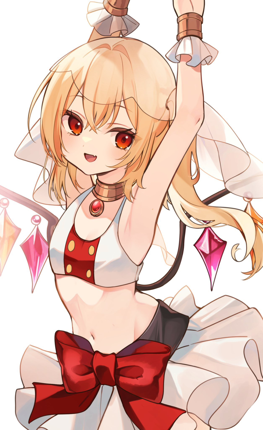 1girl alternate_costume armpits arms_up blonde_hair commentary_request fang flandre_scarlet flat_chest highres long_hair navel open_mouth red_eyes side_ponytail simple_background skin_fang skirt solo tank_top touhou upper_body vampire veil white_background white_skirt white_tank_top wings yuineko