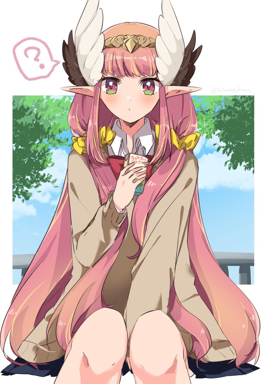 1girl ? alternate_costume blush circe_(fate) commentary_request day fate/grand_order fate_(series) green_eyes headdress highres juice_box long_hair long_sleeves looking_at_viewer multicolored_eyes pink_eyes pink_hair pointy_ears sitting solo spoken_question_mark tiranaihana twitter_username very_long_hair