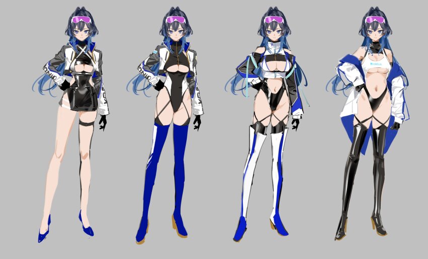 1girl black_boots black_gloves blue_eyes blue_hair blue_shoes boots breasts closed_mouth commentary english_commentary full_body gloves goggles goggles_on_head grey_background hand_on_own_hip high_heels highres hololive hololive_english large_breasts long_hair looking_at_viewer multiple_views navel ouro_kronii race_queen shoes simple_background thigh_boots thigh_strap underboob virtual_youtuber yd_(orange_maru)