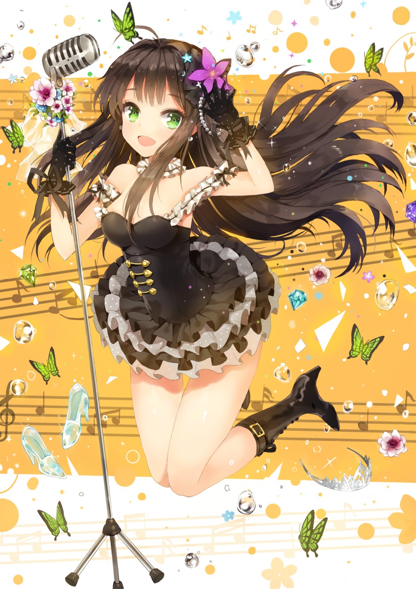 10s 1girl :d ahoge bad_id bad_pixiv_id bare_shoulders black_footwear black_gloves blush boots breasts brown_hair bug butterfly choker cleavage dangmill dress female_focus flower frilled_choker frills full_body glass_slipper gloves green_eyes hair_flower hair_ornament high_heels highres holding idolmaster idolmaster_cinderella_girls insect jewelry legs_up long_hair looking_at_viewer md5_mismatch medium_breasts microphone microphone_stand musical_note open_mouth shibuya_rin sleeveless sleeveless_dress smile solo sparkle thigh_gap tiara very_long_hair water_drop