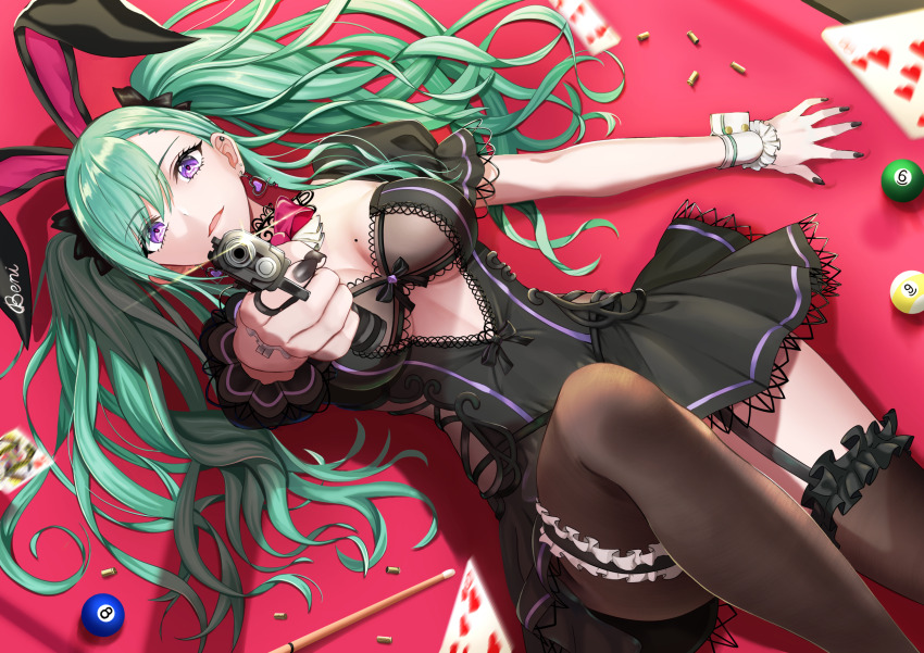 1girl aiming aiming_at_viewer animal_ears ball billiard_ball black_dress black_nails black_thighhighs bow bowtie breasts card cue_stick dress dutch_angle earrings fake_animal_ears frilled_wrist_cuffs frills garter_straps green_hair gun hair_spread_out handgun harukey highres holding holding_gun holding_weapon jewelry knee_up lace lace-trimmed_dress lace_trim long_hair looking_at_viewer lying medium_breasts mole mole_on_breast nail_polish on_back on_table parted_lips pink_bow pink_bowtie playing_card pool_table purple_eyes rabbit_ears shell_casing solo table thighhighs twintails virtual_youtuber vspo! weapon white_wrist_cuffs wrist_cuffs yakumo_beni