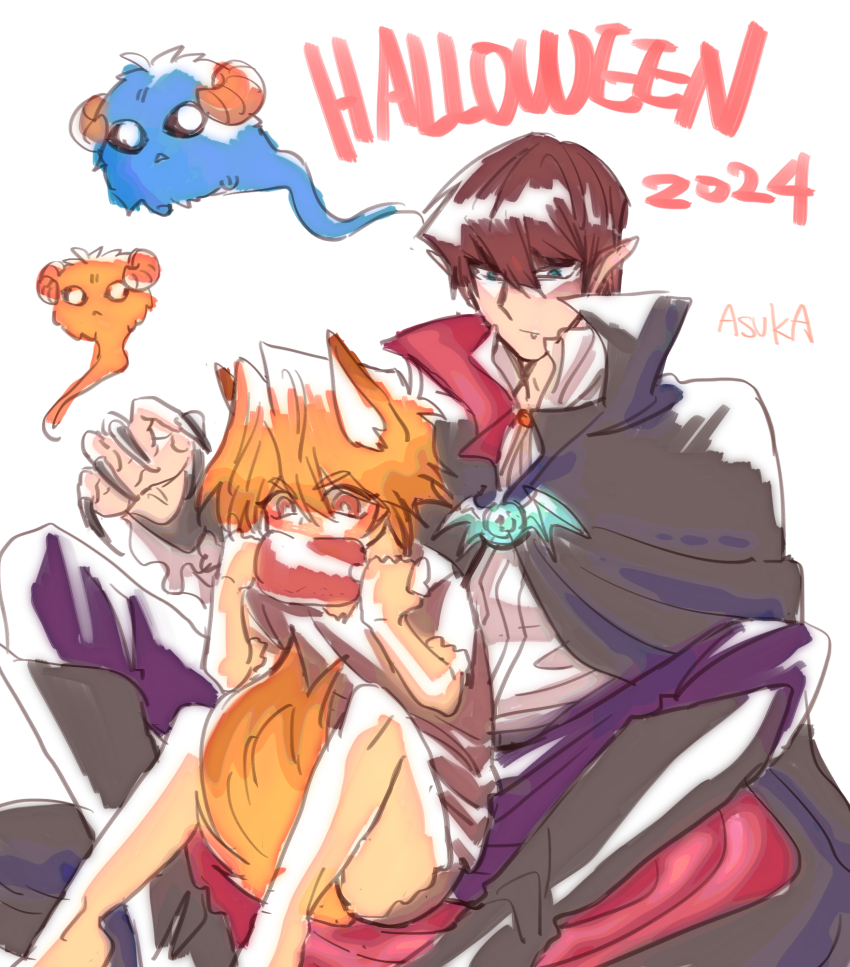 2024 2boys animal_ears blonde_hair blue_eyes blush boned_meat brown_eyes brown_hair cape claws commentary eating fang food halloween highres jonouchi_katsuya kaiba_seto male_focus meat multiple_boys pointy_ears scapegoat signalkj symbol-only_commentary tail vampire_costume werewolf_costume white_background yaoi yu-gi-oh! yu-gi-oh!_duel_monsters