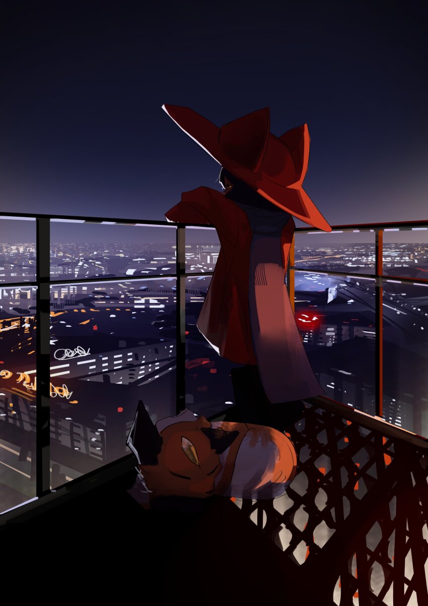 1girl 1other absurdres against_railing androgynous animal_hat balcony black_ears black_footwear black_fur blue_hair blue_scarf boots brown_coat brown_hat cat_hat child city city_lights cityscape coat colored_sclera commentary english_commentary fox fox_tail full_body half-closed_eyes hat highres medium_hair neck_fur night night_sky niko_(oneshot) oneshot_(game) orange_fur outdoors railing rue_(oneshot) scarf shadches72 sidelighting sky sleeping sleepy sleeves_past_fingers sleeves_past_wrists tail white_fur wide_brim yellow_sclera