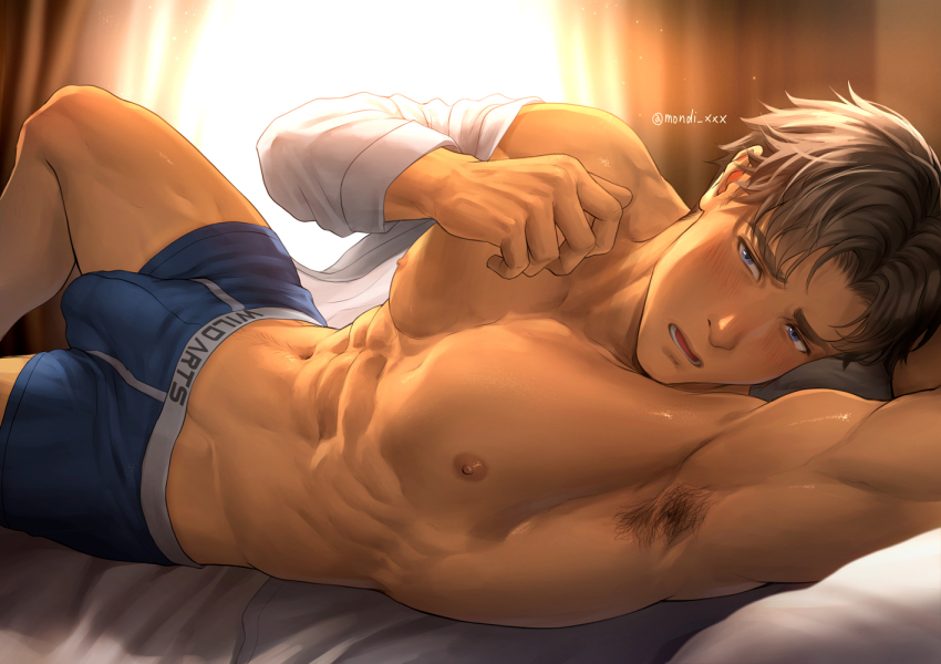 1boy abs armpit_hair armpits bara bare_pectorals bed blue_eyes blue_male_underwear blush brown_hair bulge closed_mouth collared_shirt indoors jim_(mondi_hl) large_pectorals lying male_focus male_underwear mondi_hl muscular muscular_male navel necktie nipples on_bed one_eye_closed open_clothes open_mouth open_shirt original pectorals shirt short_hair solo twitter_username underwear undone_necktie white_shirt