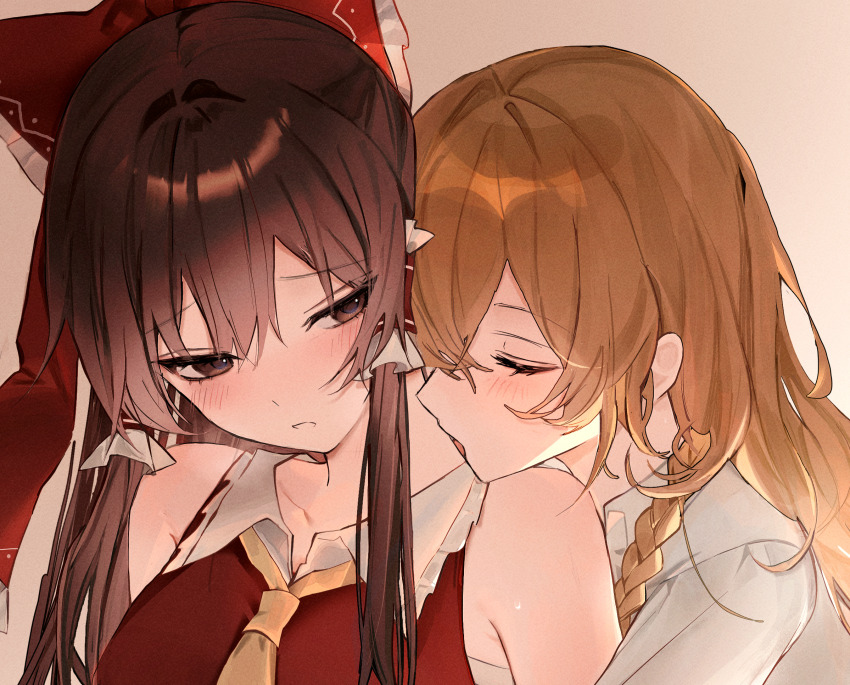 2girls ascot blonde_hair blush braid brown_hair closed_eyes commentary_request frilled_hair_tubes frilled_sailor_collar frills hair_tubes hakurei_reimu hanaya_(fleur) highres kirisame_marisa licking licking_another&#039;s_neck looking_at_another multiple_girls partial_commentary red_shirt sailor_collar shirt sidelocks sideways_glance single_braid sleeveless sleeveless_shirt tongue tongue_out touhou upper_body white_sailor_collar yellow_ascot yuri