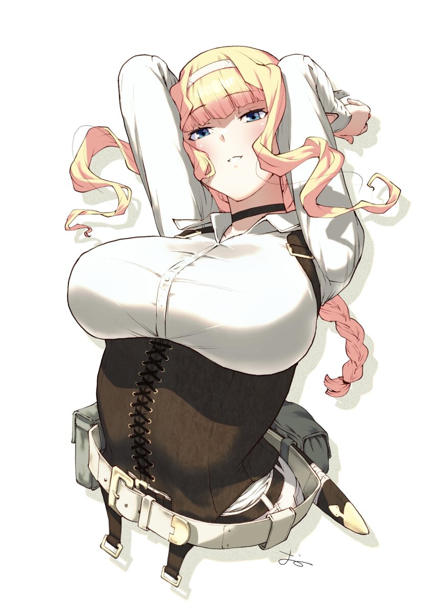 1girl absurdres arms_behind_head belt black_choker blonde_hair blue_eyes braid breasts brown_corset choker collared_shirt commentary_request corset cropped_torso elf grin hairband highres large_breasts long_hair long_sleeves looking_at_viewer oono_tsutomu original pointy_ears shadow shirt sidelocks signature simple_background smile solo white_background white_belt white_hairband white_shirt