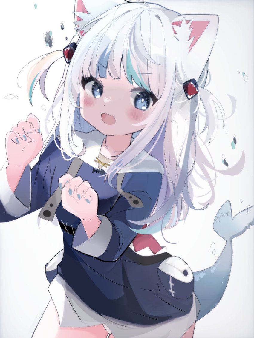 1girl animal_ear_fluff animal_ears blue_eyes blue_hair blue_nails blush bobbles cat_ears collarbone dot_nose feet_out_of_frame fingernail_polish fins fish_tail gawr_gura grey_hair hair_ornament highres hololive hololive_english holomyth hood hoodie leaning_forward long_hair long_hoodie long_sleeves multicolored_hair nail_polish nocchi_(r_ws2l) open_mouth panties panty_peek shark_hair_ornament shark_tail simple_background solo tail twintails two-tone_hair underwear virtual_youtuber white_background white_panties