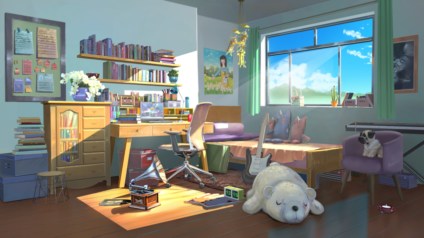 bed book bookshelf chair curtains desk dog electric_guitar flower_pot guitar highres indoors instrument original pillow pug room scenery shelf sky stuffed_animal stuffed_toy window xingzhi_lv