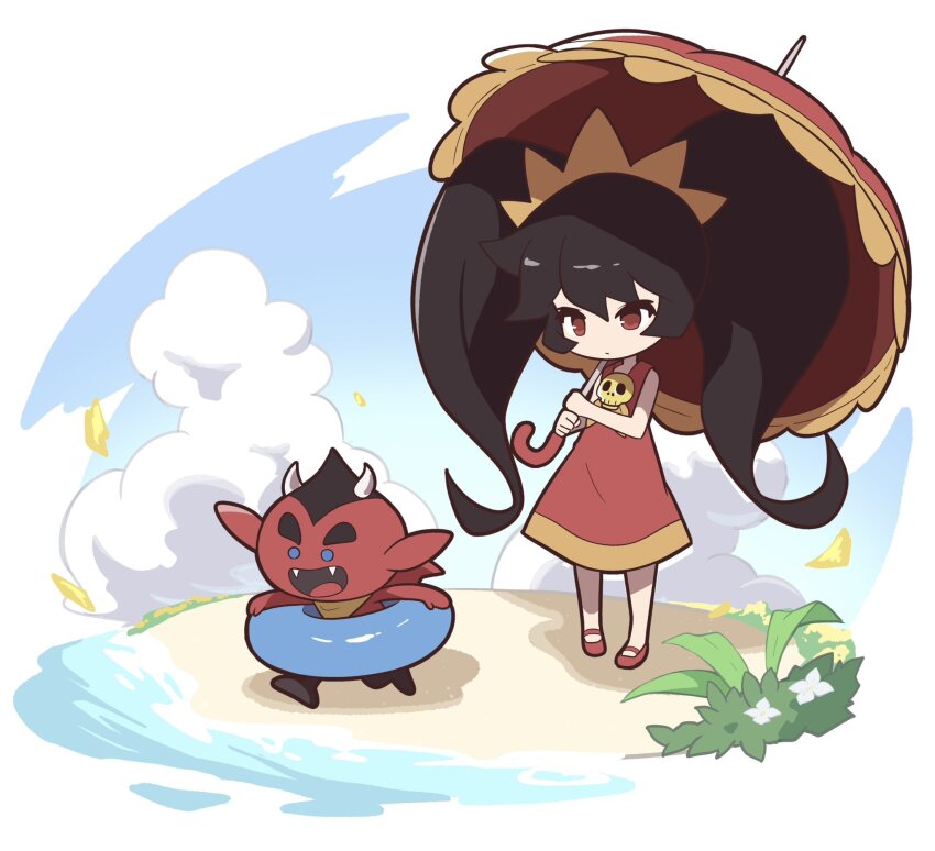 ashley_(warioware) beach big_hair blue_sky cloud day demon dress highres holding holding_swim_ring holding_umbrella innertube mario_(series) neckerchief nintendo ocean orange_neckerchief outdoors poyo_party red_(warioware) red_dress sand shore skull skull_brooch skull_ornament sky swim_ring tiara twintails umbrella warioware warioware:_move_it! water