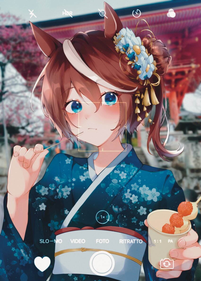 1girl absurdres alternate_costume animal_ears blue_eyes blue_kimono blush brown_hair commentary_request dango eating fingernails floral_print floral_print_kimono food hair_between_eyes hair_bun hair_ornament highres horse_ears horse_girl japanese_clothes kimono long_hair looking_at_viewer mochiyu_(mochiko) multicolored_hair obi outdoors print_kimono sash sidelocks single_hair_bun solo streaked_hair tokai_teio_(umamusume) toothpick umamusume upper_body viewfinder wagashi white_hair white_sash wide_sleeves