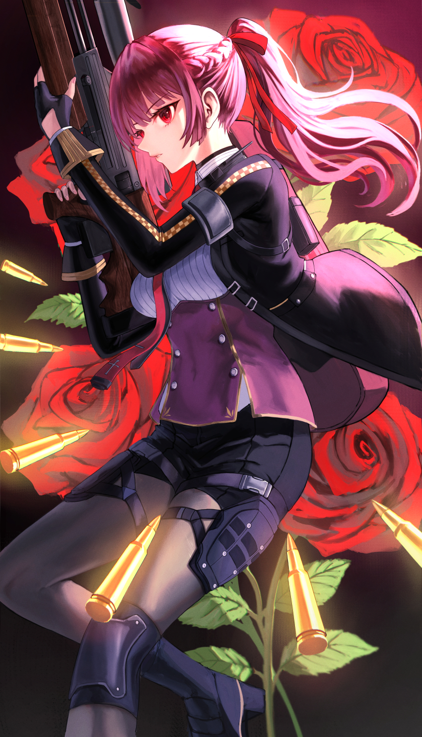 1girl absurdres black_footwear black_gloves black_jacket black_shorts boots bullet bullpup commentary corset covered_navel fingerless_gloves flower girls&#039;_frontline girls&#039;_frontline_2:_exilium gloves gun hair_ribbon half_up_braid high_heel_boots high_heels highres holding holding_gun holding_weapon jacket knee_pads long_hair makiatto_(girls&#039;_frontline_2) necktie open_clothes open_jacket ponytail pouch profile purple_corset purple_hair red_eyes red_flower red_necktie red_ribbon red_rose ribbon rifle rose shirt shorts single_knee_pad sniper_rifle solo striped_clothes striped_shirt thigh_pouch tmrn8888 vertical-striped_clothes vertical-striped_shirt wa2000_(girls&#039;_frontline) walther walther_wa_2000 weapon white_shirt