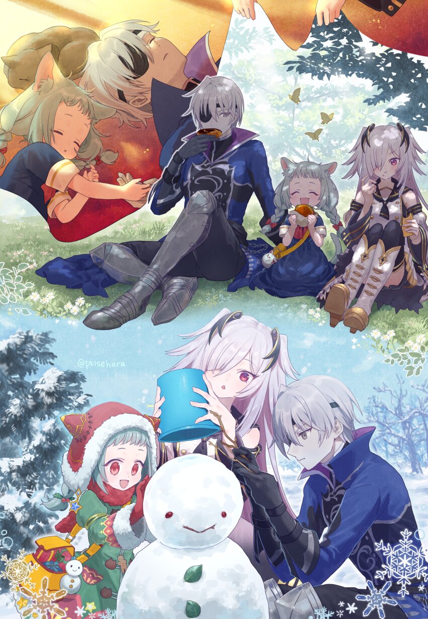 1boy 1other 2girls absurdres animal_ears blue_sky cat child eating eyepatch green_hair grey_hair hair_ornament highres ice_man leaf_hair_ornament megido72 multiple_girls pjkuasu sky sleeping snow twitter