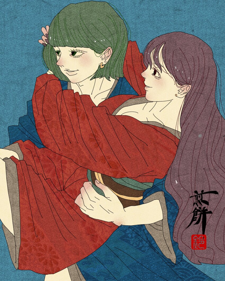 1boy 1girl absurdres arms_around_neck blue_kimono borrowed_character carrying collarbone earrings fine_art_parody green_hair highres inkan japanese_clothes japanese_text jewelry kimono long_hair long_sleeves looking_at_another looking_to_the_side nihonga parody princess_carry purple_hair red_kimono sei5osuzuki short_hair sitting teal_background upper_body