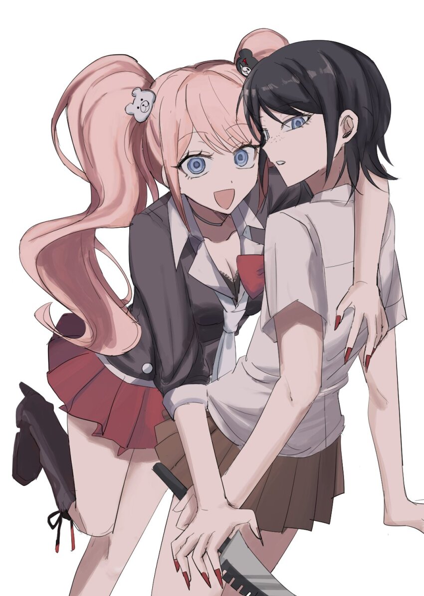 2girls bear_hair_ornament black_bra black_footwear black_hair blonde_hair blue_eyes bow bra breasts brown_skirt calf_boots cleavage combat_knife danganronpa:_trigger_happy_havoc danganronpa_(series) enoshima_junko eyebrows fingernails freckles hair_ornament hair_over_eyes holding holding_knife holding_weapon hug ikusaba_mukuro incest knife looking_at_viewer md_amati multiple_girls nail_polish open_mouth plaid_clothes plaid_skirt pleated_skirt red_bow red_nails red_skirt shirt short_sleeves siblings simple_background sisters skirt standing standing_on_one_leg twincest twins twintails underwear weapon white_background white_shirt yuri