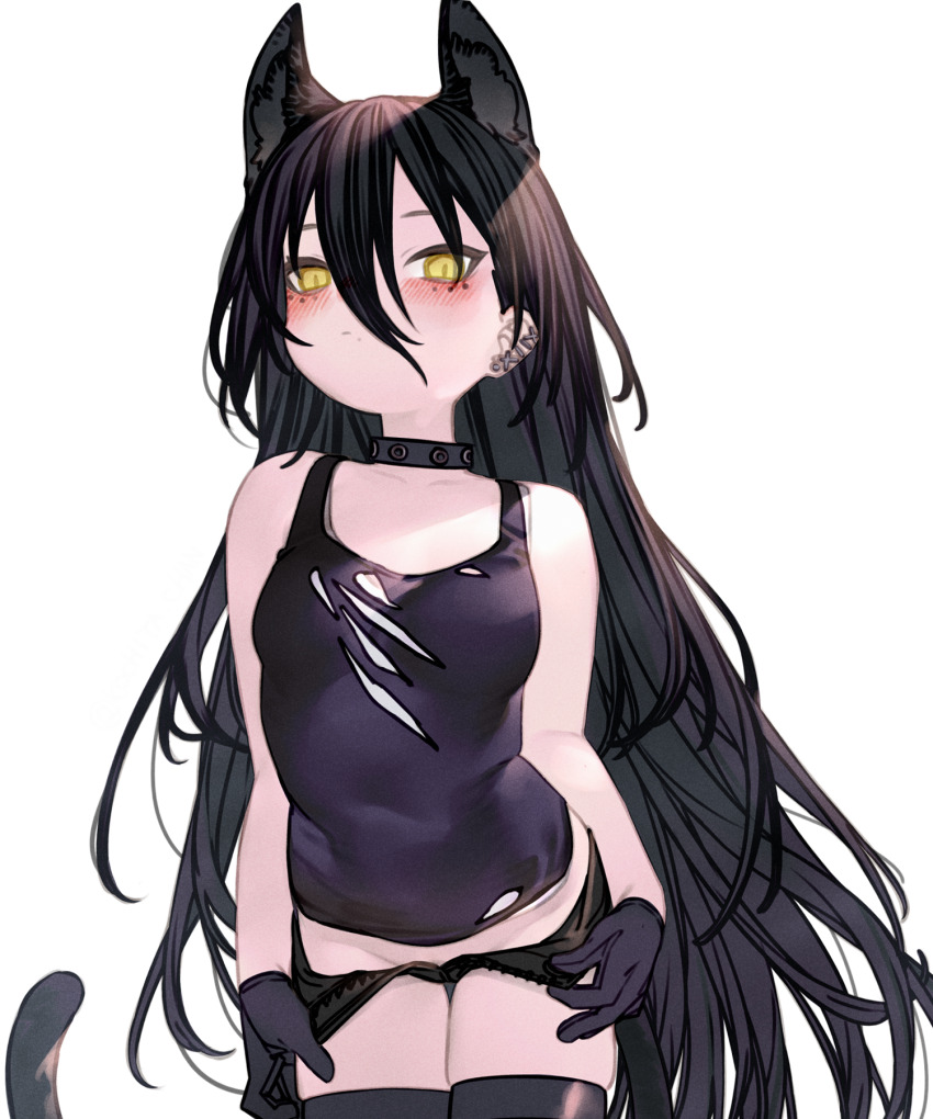 1girl animal_ears arknights bare_shoulders black_collar black_gloves black_hair black_thighhighs blush breasts cat_ears cat_girl cat_tail clothes_pull collar dagda_(arknights) ear_piercing facial_mark gloves hair_between_eyes highres kochiya_(gothope) long_hair looking_at_viewer mole mole_under_mouth open_clothes open_shorts paid_reward_available piercing pulling_own_clothes short_shorts shorts shorts_pull small_breasts smile solo tail tank_top thighhighs very_long_hair white_background yellow_eyes