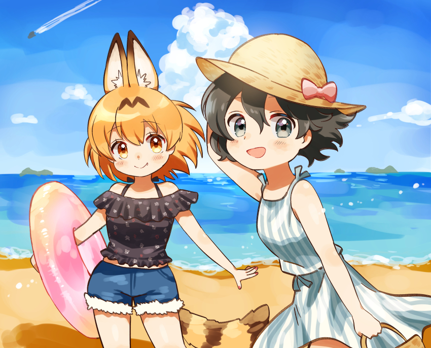 2girls :d alternate_costume animal_ears bare_shoulders beach black_hair black_shirt blonde_hair blue_eyes blue_sky bow casual closed_mouth cloud commentary_request contrail day denim denim_shorts dress duplicate extra_ears fang fang_out fur_trim hat hat_bow highres innertube kaban_(kemono_friends) kemono_friends multiple_girls ocean open_mouth outdoors pink_bow sand serval_(kemono_friends) shirt short_hair short_shorts shorts sky sleeveless smile spaghetti_strap striped_clothes striped_dress suicchonsuisui sun_hat swim_ring tail water yellow_eyes