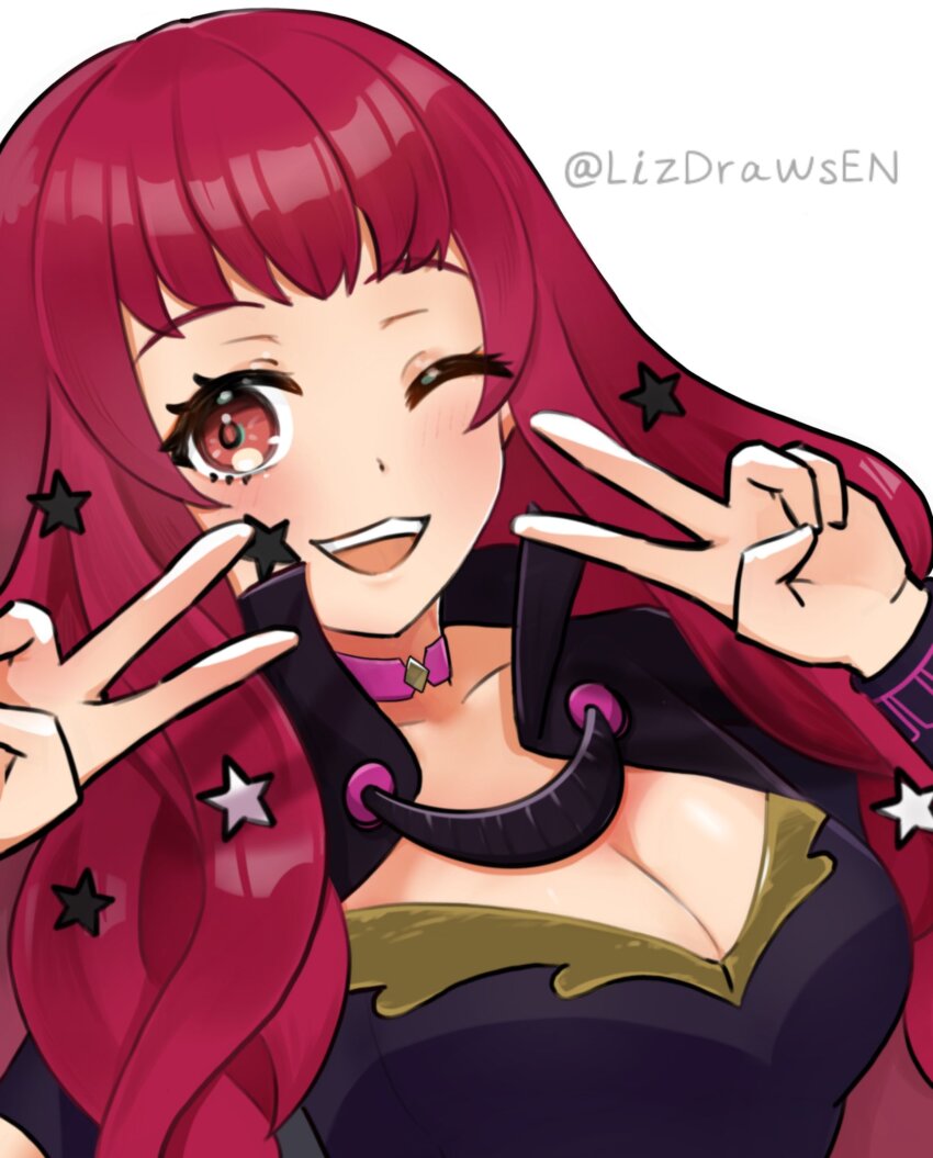 black_cape bodysuit breasts cape choker facial_mark fire_emblem fire_emblem_engage hair_ornament highres large_breasts lizdrawsen nintendo open_mouth pink_choker purple_bodysuit red_hair star_(symbol) star_facial_mark star_hair_ornament teeth upper_body upper_teeth_only v yunaka_(fire_emblem)