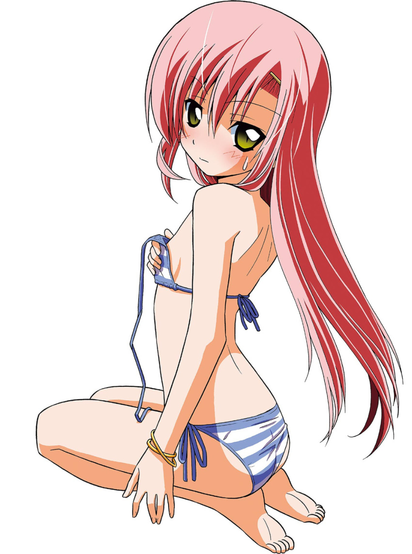 1girl ass back bare_shoulders bikini blush breasts butt_crack feet hair_ornament hairclip hata_kenjirou hayate_no_gotoku! highres katsura_hinagiku kneeling legs long_hair looking_at_viewer looking_back pink_hair sideboob simple_background small_breasts solo strap_slip striped_bikini striped_clothes swimsuit thighs toes unworn_bikini_top yellow_eyes