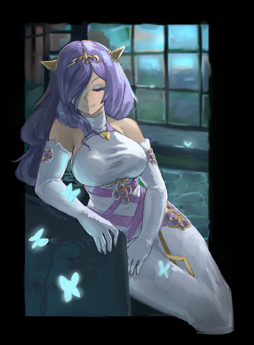 1girl absurdres bare_shoulders breasts camilla_(fire_emblem) closed_eyes commentary_request dress elbow_gloves eyeshadow fire_emblem fire_emblem_fates gloves hair_over_one_eye highres horns kaphrin large_breasts long_hair makeup nintendo purple_hair sitting sleeveless sleeveless_dress smile solo white_gloves