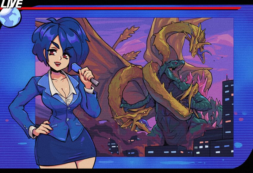 1girl alien atari battle blue_hair blue_tongue breasts building business_suit city cleavage cloud colored_tongue curvy destruction dinosaur doobermcgoober dragon dress dusk dust extra_tails fighting formal giant giant_monster godzilla godzilla:_domination godzilla_(series) highres holding holding_microphone horns hydra kaiju king_ghidorah lipstick live live_broadcast looking_at_viewer makeup matsu_connie medium_breasts microphone monster multiple_heads narrow_waist news news_reporter newscaster night no_pupils open_mouth pipeworks purple_sky red_eyes reporter roaring sea_monster sharp_teeth short_hair skirt sky skyscraper smoke space_monster spikes standing strangling suit tail teeth thick_thighs thighs toho tongue tongue_out wayforward wide_hips wings yellow_eyes