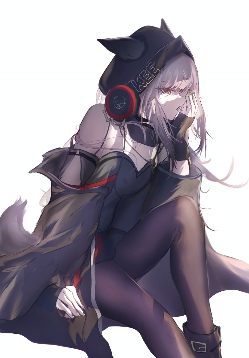 1girl absurdres animal_ears arknights arm_up beanie black_gloves black_hat black_jacket black_pantyhose black_shirt ears_through_headwear feet_out_of_frame fingerless_gloves fox_ears fox_girl fox_tail frostleaf_(arknights) gloves grey_hair hat headphones highres jacket long_hair mebe_(teadia_violet) off-shoulder_shirt off_shoulder open_clothes pantyhose parted_lips red_eyes shirt simple_background sitting solo tail white_background