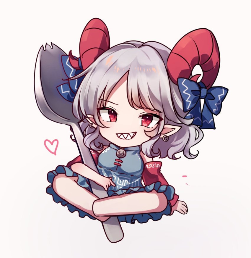 1girl bare_shoulders blue_bow blue_dress blush bow breasts chibi closed_mouth commentary_request detached_sleeves dress earrings gradient_background grey_background grey_hair heart horns jewelry long_sleeves looking_at_viewer medium_breasts moshihimechan pointy_ears red_eyes sharp_teeth short_hair sitting smile solo spork teeth touhou toutetsu_yuuma weapon white_background wide_sleeves