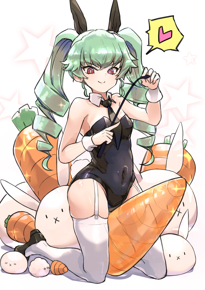 1girl absurdres alternate_costume anchovy_(girls_und_panzer) animal_ears black_leotard carrot covered_navel detached_collar drill_hair fake_animal_ears fake_tail garter_belt garter_straps girls_und_panzer green_hair highres leotard long_hair necktie oshiri_seijin playboy_bunny rabbit rabbit_ears rabbit_tail red_eyes riding_crop skindentation solo straddling strapless strapless_leotard tail thighhighs twin_drills twintails white_background wrist_cuffs