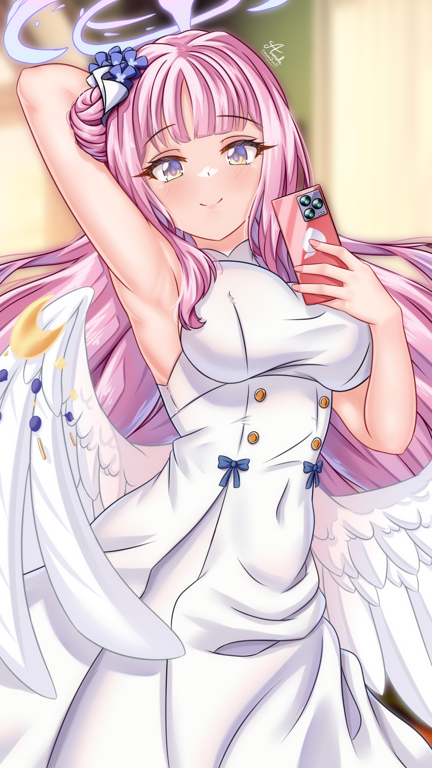 1girl absurdres arada_(corsair_zero) armpits artist_name blue_archive blue_flower blurry blurry_background blush breasts cellphone closed_mouth commentary covered_navel crescent_ornament dress english_commentary feathered_wings flower hair_bun hair_flower hair_ornament halo high-waist_skirt highres holding holding_phone looking_at_viewer low_wings mika_(blue_archive) mixed-language_commentary nude phone pink_hair pink_halo purple_eyes side_up_bun single_side_bun skirt smartphone smile solo white_dress white_skirt white_wings wings