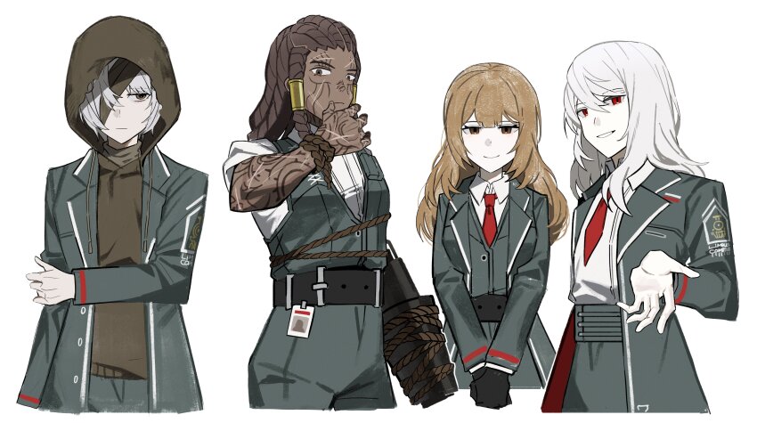 1boy 3girls absurdres asdf1211950 bandage_over_one_eye black_gloves catherine_(project_moon) coat collared_shirt cropped_legs dark-skinned_female dark_skin dongbaek_(project_moon) dreadlocks frown gloves grey_coat grin highres la_manchaland&#039;s_don_quixote_(project_moon) limbus_company multiple_girls necktie project_moon queequeg_(project_moon) red_eyes red_necktie shirt simple_background smile white_background white_hair white_shirt