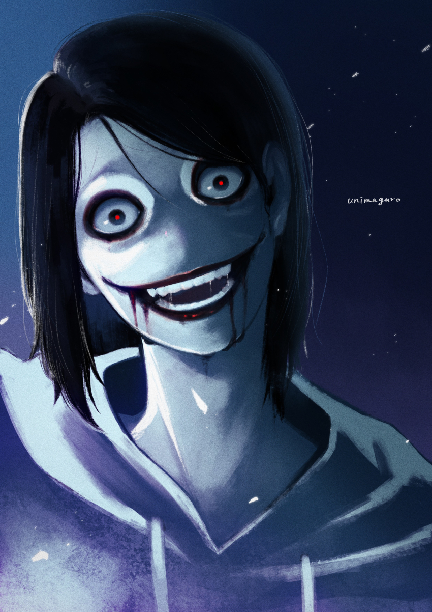 1boy :d absurdres artist_name black_eyes black_hair blue_background bob_cut bright_pupils commentary_request creepypasta drawstring glasgow_smile hair_behind_ear hair_between_eyes head_tilt highres hood hood_down hoodie horror_(theme) jeff_the_killer light_particles looking_at_viewer male_focus no_nose open_mouth red_pupils short_hair sidelighting simple_background smile solo straight-on straight_hair unimagurooo white_hoodie