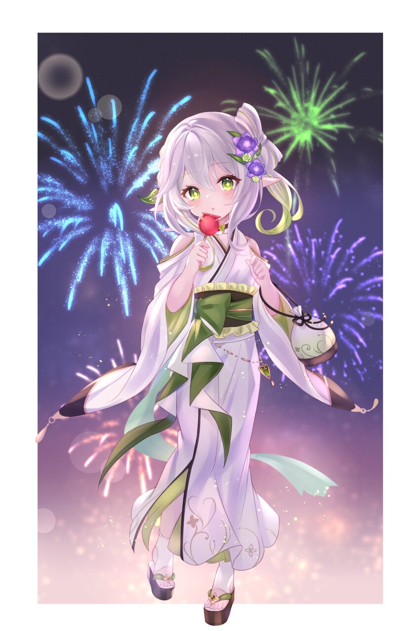 1girl absurdres aerial_fireworks candy_apple chage_(chage_00) cross-shaped_pupils fireworks flower food genshin_impact green_eyes green_sash hair_between_eyes hair_flower hair_ornament highres holding holding_food japanese_clothes kimono long_hair looking_at_viewer nahida_(genshin_impact) night open_mouth pointy_ears ponytail purple_flower sash solo standing standing_on_one_leg symbol-shaped_pupils white_hair white_kimono