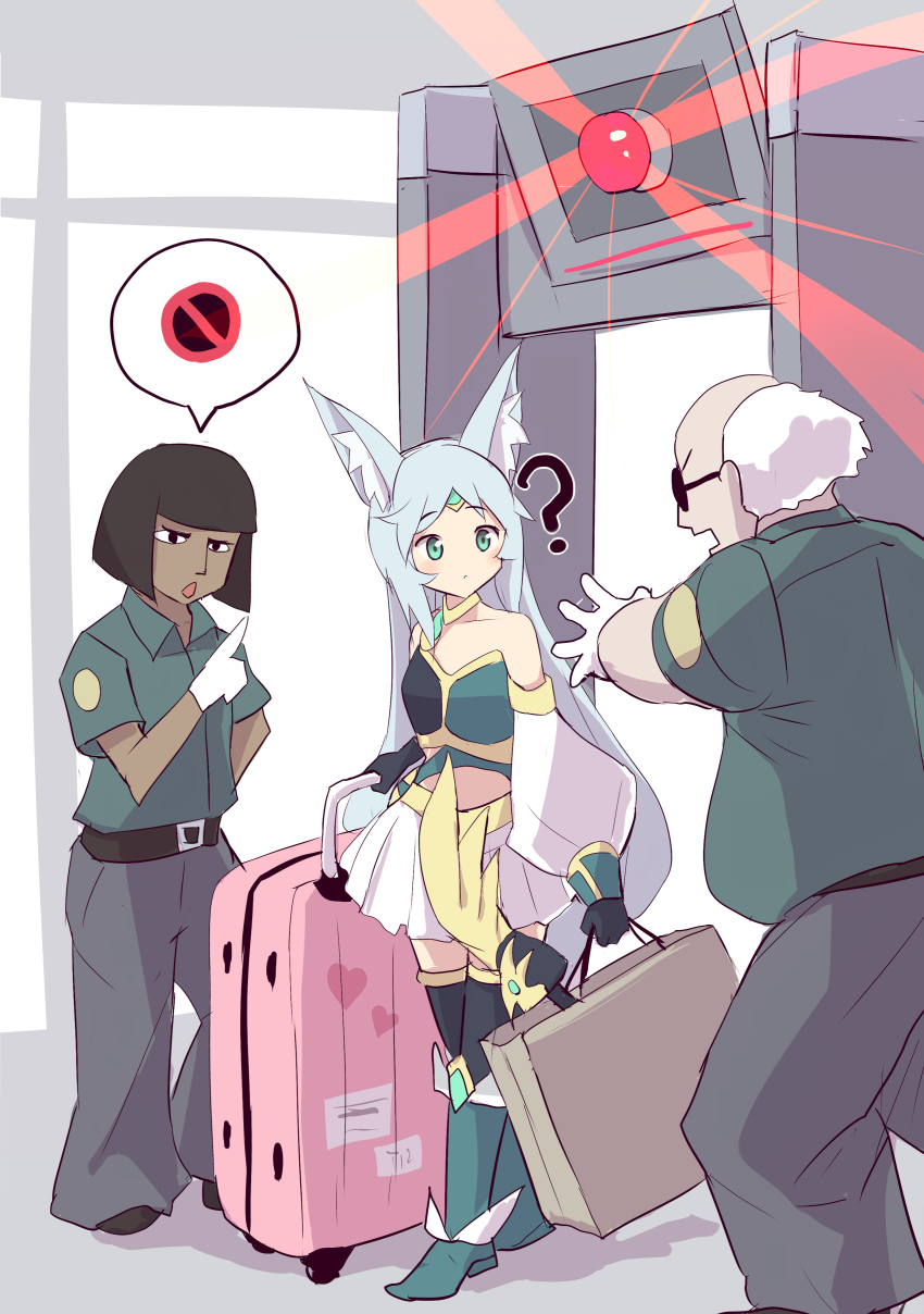 1girl 2boys ? absurdres airport_security alarm_siren apollousa_bow_of_the_goddess bag bob_cut bow_(weapon) dark-skinned_male dark_skin duel_monster gameplay_mechanics highres holding holding_bag kanzakietc looking_at_another multiple_boys no_symbol old old_man rolling_suitcase security_checkpoint security_guard shopping_bag spoken_no_symbol suitcase there_can_be_only_one_(yu-gi-oh!) walkthrough_metal_detector weapon yu-gi-oh!