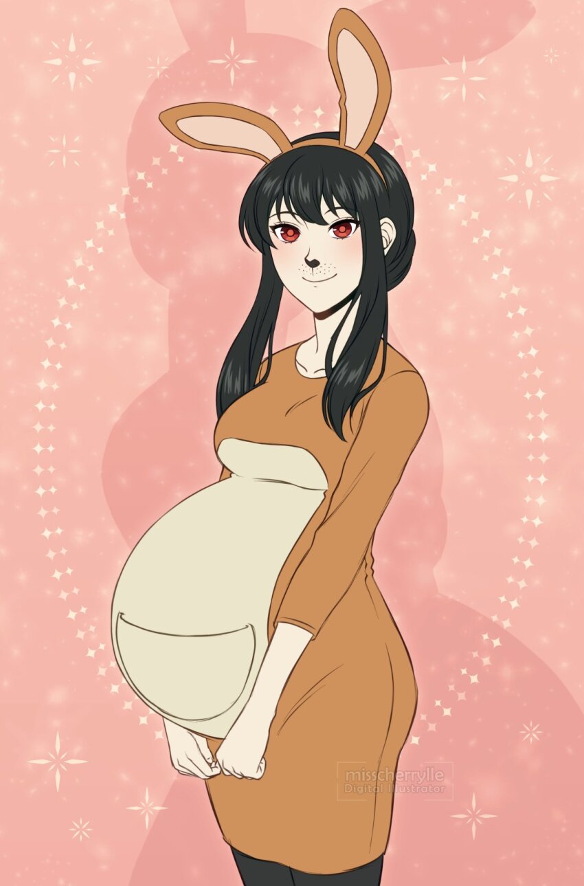 1girl adricarra belly big_belly black_hair closed_mouth collarbone commentary english_commentary halloween halloween_costume highres kangaroo_costume looking_at_viewer pregnant smile solo spy_x_family stomach yor_briar