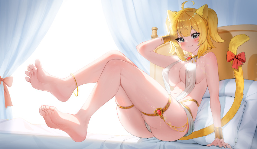 1girl absurdres ahoge animal_ears anklet arm_up ass bare_legs bare_shoulders barefoot bed black_eyes blonde_hair bow bracelet breasts brooch cameltoe cat_ears cat_girl cat_tail cleavage closed_mouth commentary_request commission curtains feet guamon highres jewelry korean_commentary legs_up light_rays looking_at_viewer medium_breasts medium_hair navel on_bed original panty_straps pillow revealing_clothes sitting skindentation smile soles solo sunbeam sunlight tail tail_bow tail_ornament tail_raised thighlet thighs toes