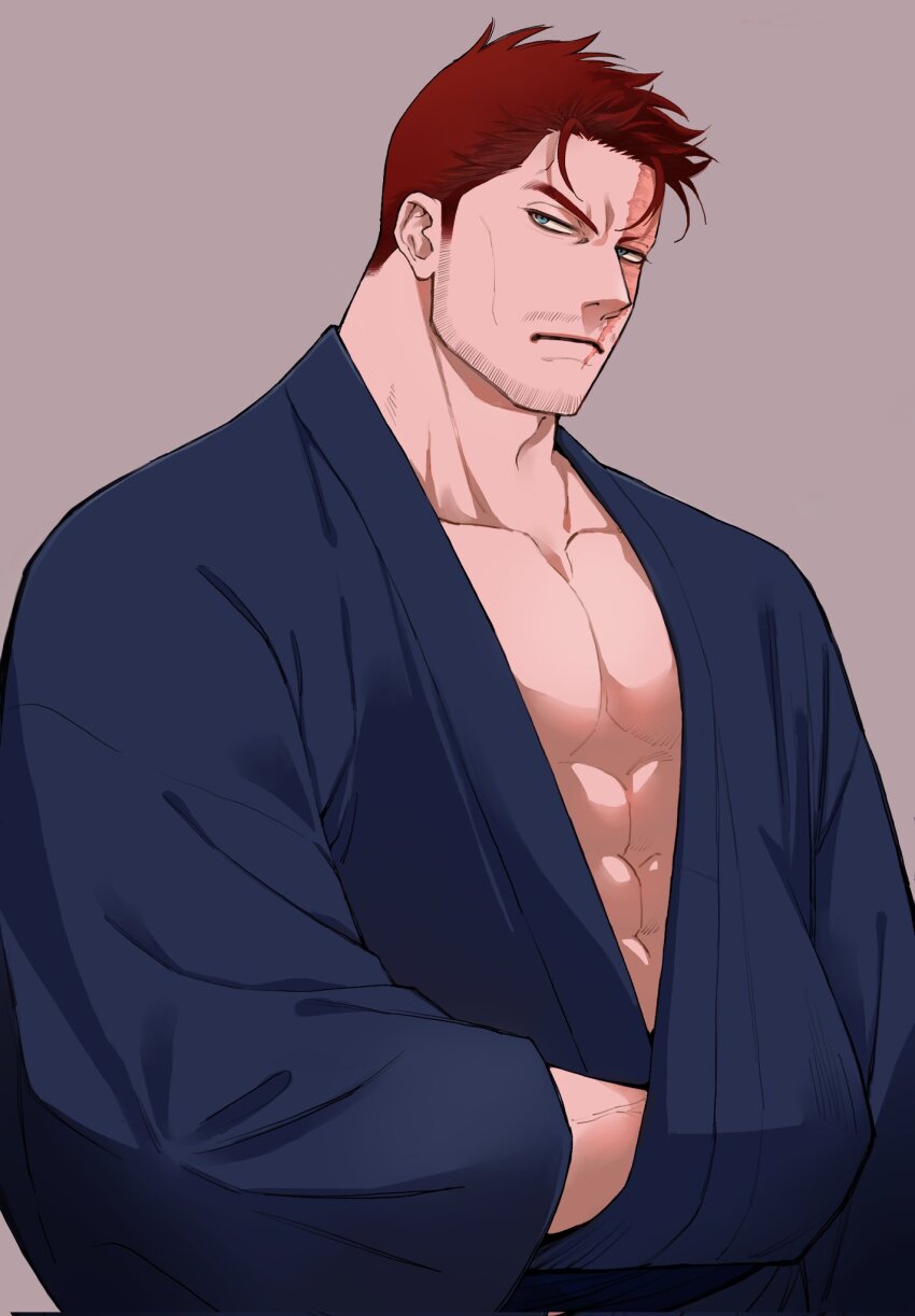 1boy abs beard_stubble blue_eyes blue_robe boku_no_hero_academia burn_scar closed_mouth collarbone commentary endeavor_(boku_no_hero_academia) facial_hair frown grey_background highres ma_(maa21maa) male_focus open_clothes open_robe pectorals red_hair robe scar scar_on_face short_hair sideways_glance simple_background solo stubble symbol-only_commentary upper_body