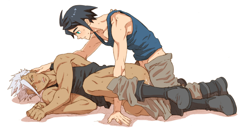 2boys abs age_difference anal ass black_hair clothed_sex clothes cum dark_skin green_eyes grey_hair gundam gundam_tekketsu_no_orphans katou_setsuko male_focus male_penetrated mikazuki_augus multiple_boys muscular orga_itsuka pants pectorals shirt short_hair size_difference smaller_dominant sweat undressing yaoi yellow_eyes