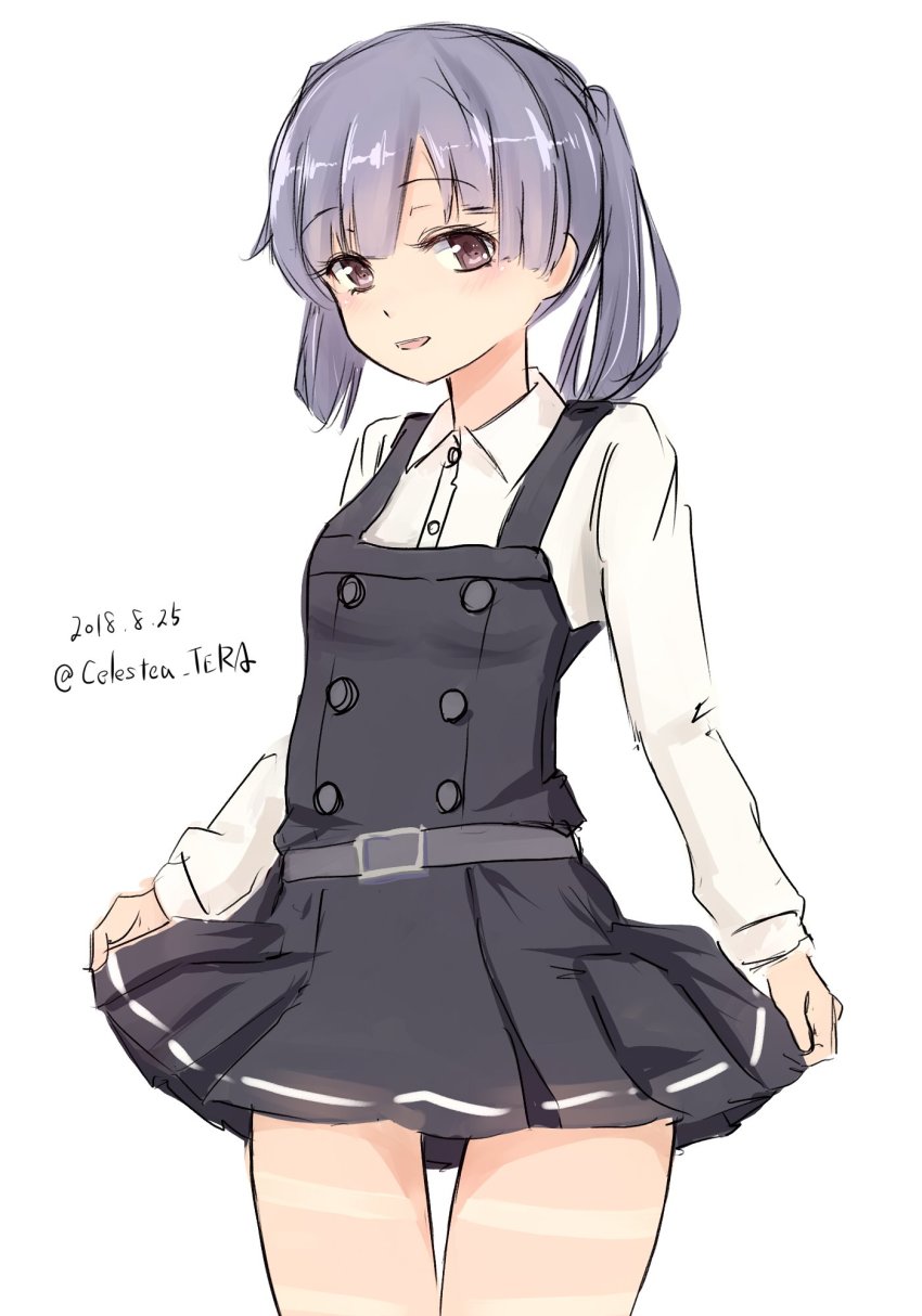 1girl belt celestea_tera clothes_lift cowboy_shot dated dress dress_lift female_focus grey_belt highres kantai_collection lifting_own_clothes long_sleeves looking_at_viewer ooshio_(kancolle) ooshio_kai_ni_(kancolle) pinafore_dress purple_eyes purple_hair shirt short_twintails simple_background sleeveless sleeveless_dress solo thigh_gap thighs twintails twitter_username white_background white_shirt