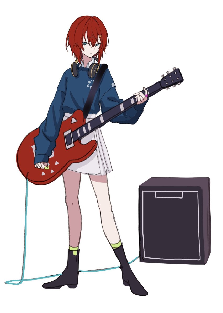 1girl ange_katrina black_footwear blue_eyes blue_sweater boots green_socks guitar hair_ornament haruwo headphones headphones_around_neck highres holding holding_guitar holding_instrument holding_plectrum instrument long_sleeves looking_at_viewer nijisanji pleated_skirt plectrum red_eyes shirt simple_background skirt socks solo speaker sweater white_background white_shirt white_skirt