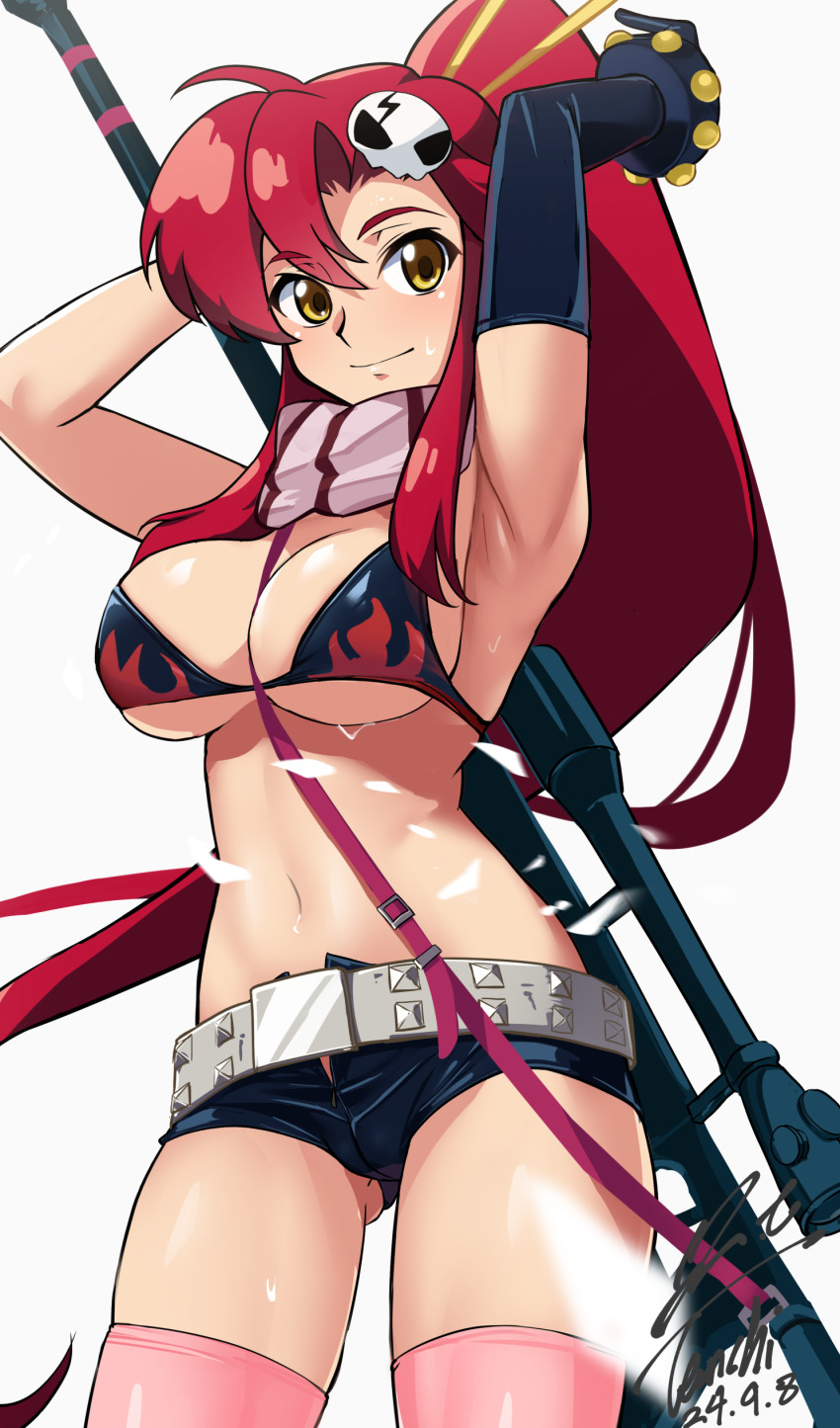 1girl absurdres armpits belt bikini bikini_top_only breasts cleavage closed_mouth cropped fingerless_gloves flame_print gloves gun hair_ornament highres large_breasts long_hair looking_at_viewer navel no_shirt pink_thighhighs ponytail red_hair rifle scarf short_shorts shorts skull_hair_ornament smile sniper_rifle solo striped_clothes striped_scarf swimsuit tengen_toppa_gurren_lagann thighhighs weapon yellow_eyes yoko_littner yoo_tenchi