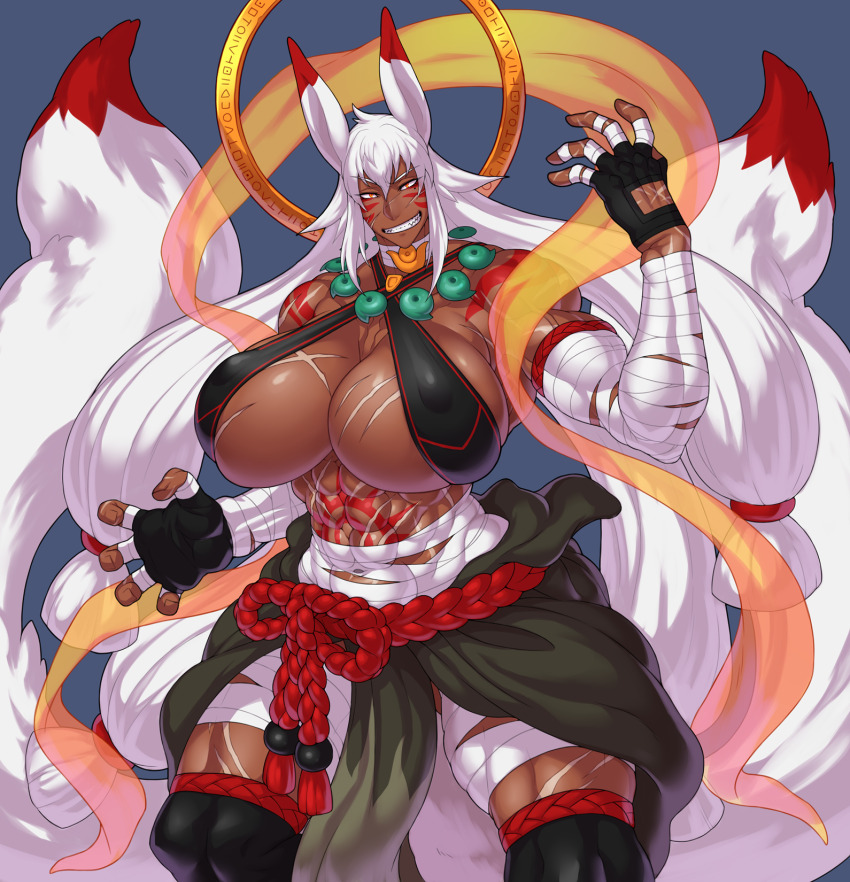 1girl abs animal_ears bandaged_arm bandaged_fingers bandages black_thighhighs breasts cowboy_shot criss-cross_halter dantera_rina dark-skinned_female dark_skin facial_mark fighting_stance fingerless_gloves fox_ears fox_girl fox_tail gloves grin hagoromo halo halo_behind_head halterneck highres hutago jewelry looking_at_viewer magatama magatama_necklace midriff_sarashi monster_girl muscular muscular_female necklace original rope sarashi scar scar_on_breasts scar_on_stomach shawl shimenawa smile solo tail thighhighs