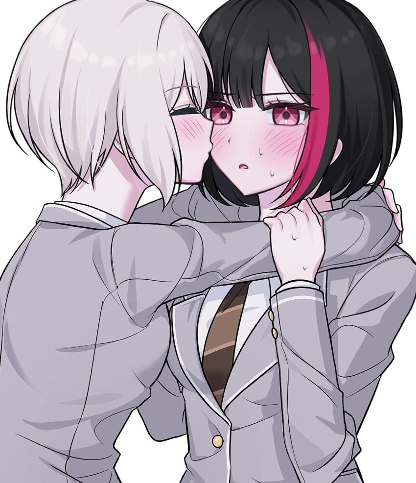 2girls aoba_moca arms_around_neck bang_dream! black_hair blush brown_necktie cll318 closed_eyes commentary grey_jacket hand_on_another&#039;s_arm haneoka_school_uniform highres jacket mitake_ran multicolored_hair multiple_girls necktie nervous_sweating parted_lips pink_eyes red_hair school_uniform shirt short_hair simple_background streaked_hair sweat white_background white_hair white_shirt yuri