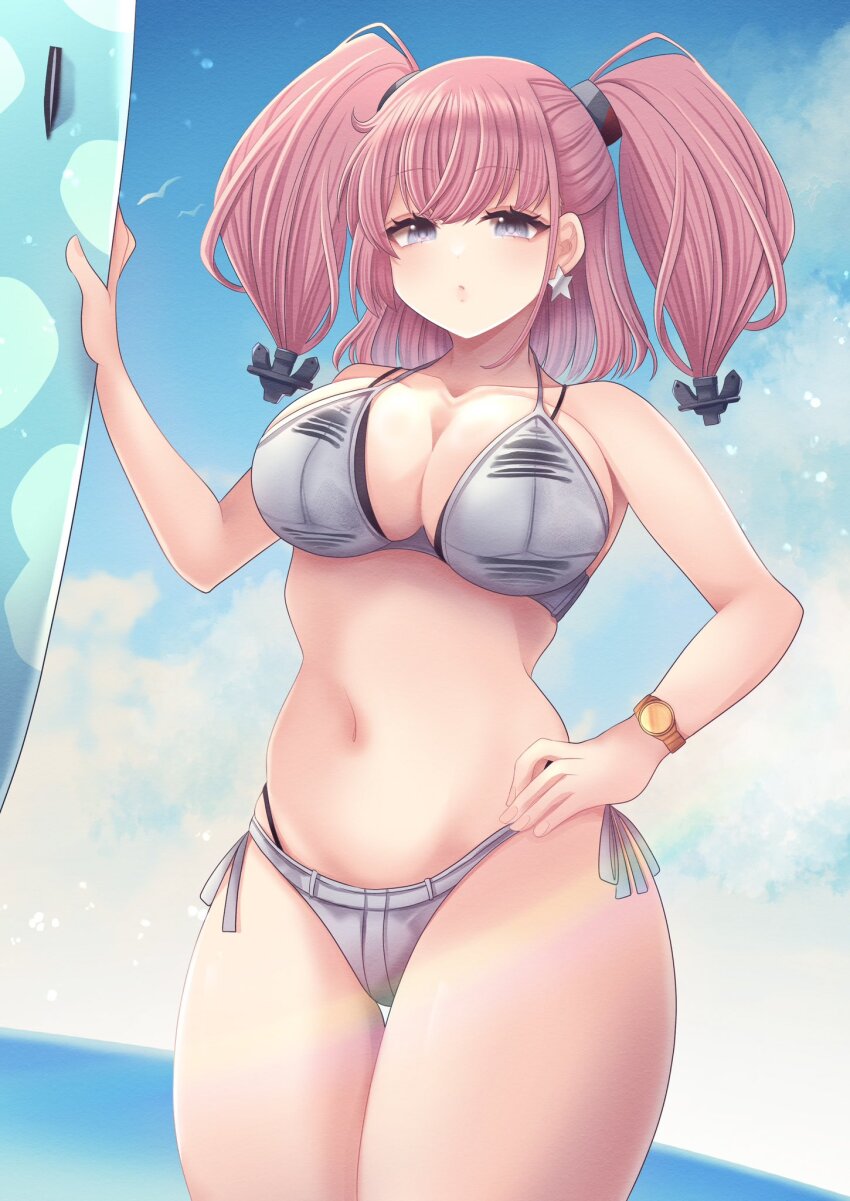 1girl anchor_hair_ornament atlanta_(kancolle) atlanta_(swimsuit_mode)_(kancolle) beach bikini blue_sky blush breasts brown_hair cloud collarbone day earrings grey_bikini grey_eyes hair_ornament highres holding holding_surfboard jewelry kantai_collection large_breasts long_hair looking_at_viewer nagi_kantai114 ocean outdoors side-tie_bikini_bottom sky solo star_(symbol) star_earrings surfboard swimsuit two_side_up water