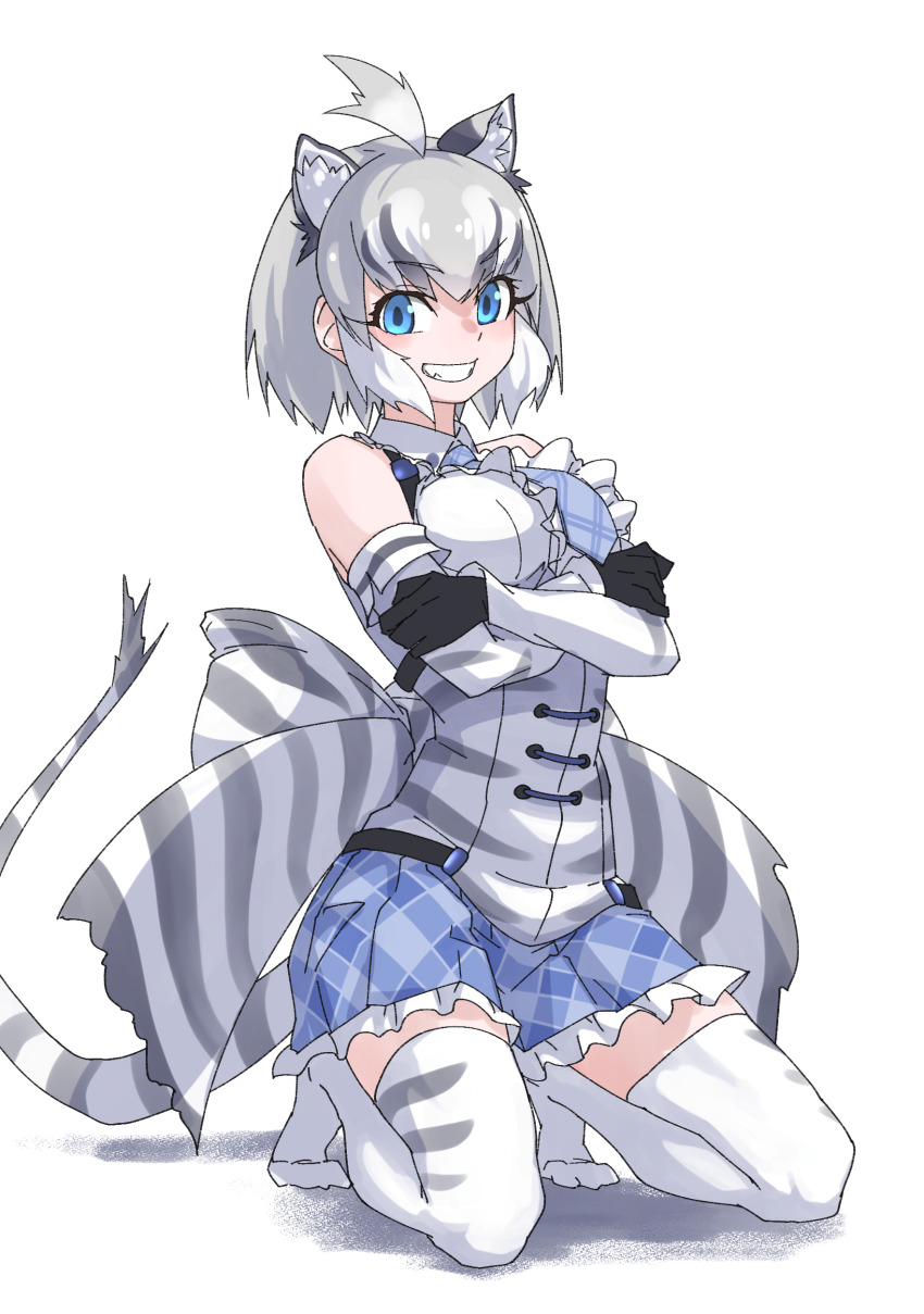 1girl absurdres ahoge animal_ears animal_print back_bow bare_shoulders black_hair blue_eyes bow cat_girl cave_lion_(kemono_friends) center_frills crossed_arms detached_sleeves extra_ears fangs frilled_skirt frills full_body gloves grey_hair grin hand_on_own_arm hands_on_own_arms highres huge_bow kemono_friends kneeling lion_ears lion_girl lion_tail looking_at_viewer multicolored_hair necktie no_shoes plaid_clothes plaid_necktie plaid_skirt print_gloves print_shirt print_thighhighs shirt short_hair sidelocks simple_background skirt sleeveless sleeveless_shirt smile solo tail tanabe_(fueisei) teeth thighhighs white_background white_hair zettai_ryouiki