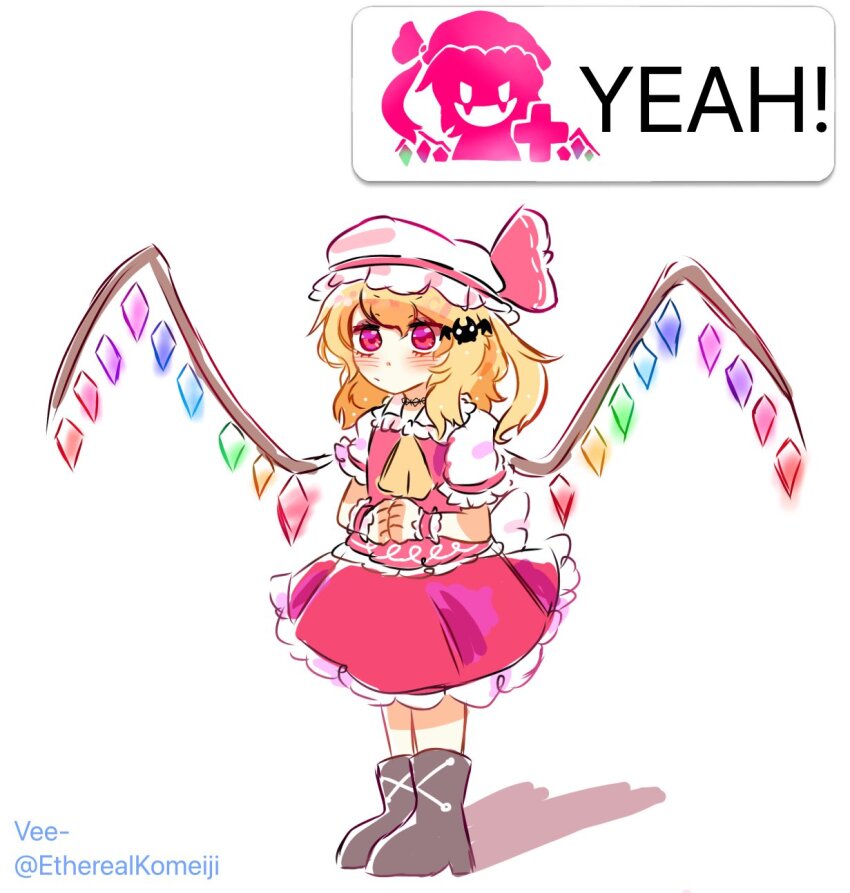 1girl ascot blonde_hair blush crystal_wings english_text etherealkomeiji flandre_scarlet frills hat highres meme miiverse_yeah!_(meme) mob_cap red_eyes simple_background solo touhou white_background white_hat wrist_cuffs yellow_ascot