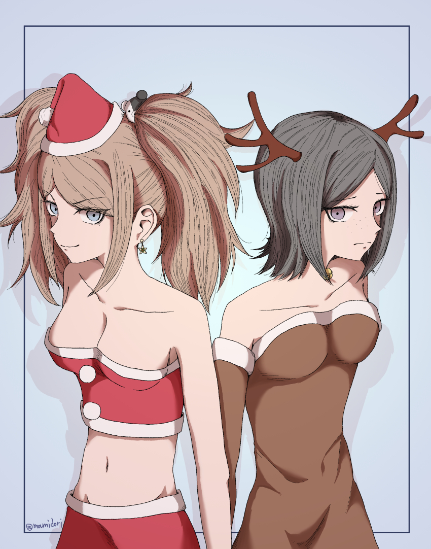 2girls animal_costume antlers bear_hair_ornament bell black_hair blonde_hair blue_background blue_eyes breasts brown_dress christmas cleavage closed_mouth collarbone danganronpa:_trigger_happy_havoc danganronpa_(series) dress earrings enoshima_junko eyebrows eyelashes freckles frown grey_eyes hair_ornament hair_over_one_eye hat horns ikusaba_mukuro incest jewelry looking_at_viewer mamidorikaeru multiple_girls navel red_skirt red_tube_top reindeer_antlers reindeer_costume santa_dress santa_hat siblings simple_background sisters skirt smile star_(symbol) strapless tube_top twincest twins twintails yuri